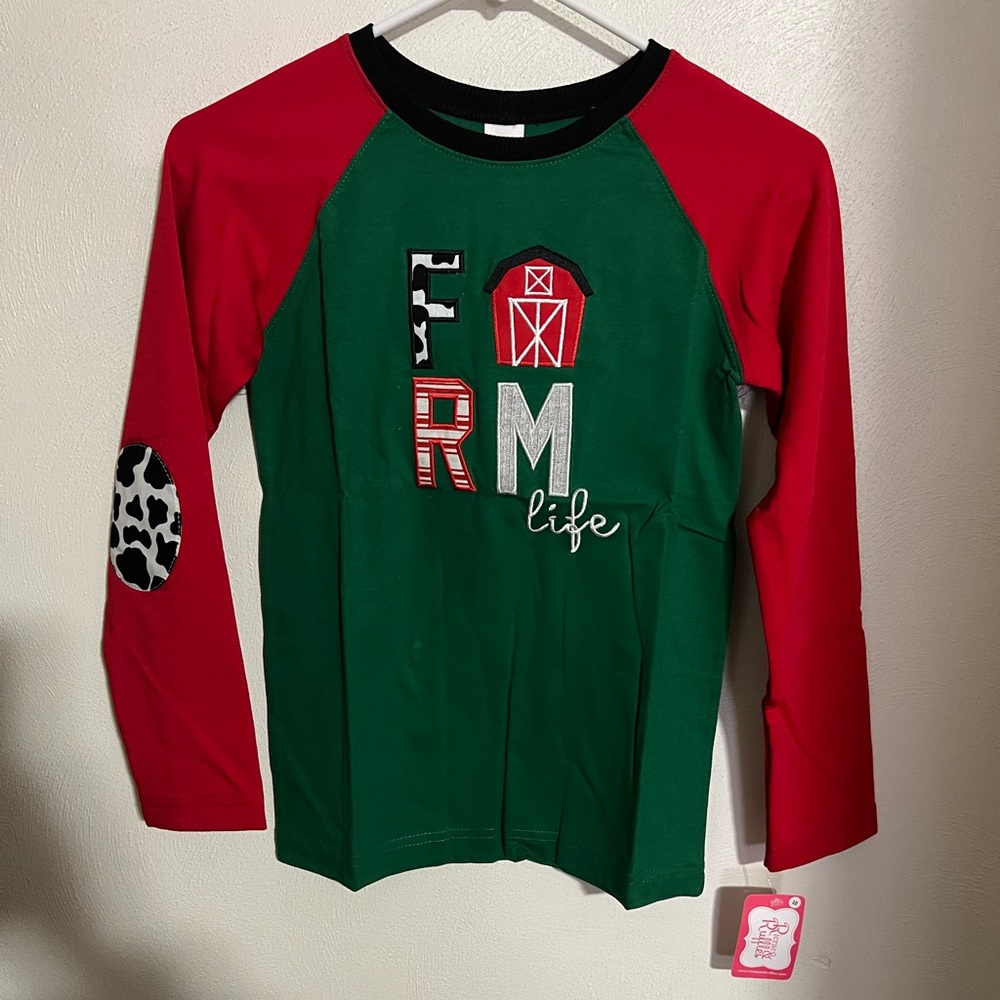 RICRAC & RUFFLES‎ Classic Farm Life Embroidered Long Sleeve T Red Green Girls 10